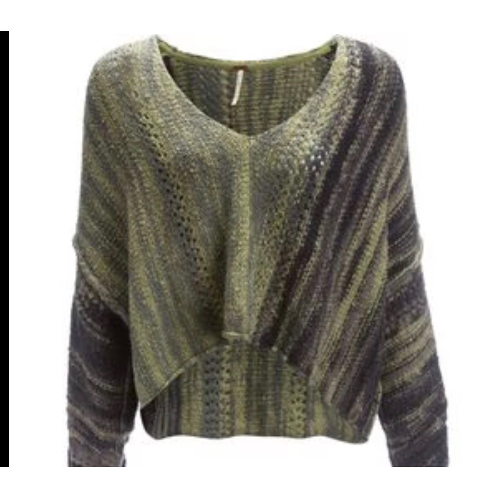 Free People Womens Green Grey Space Dye V-Neck Chunky Knit Oversized Sweater M